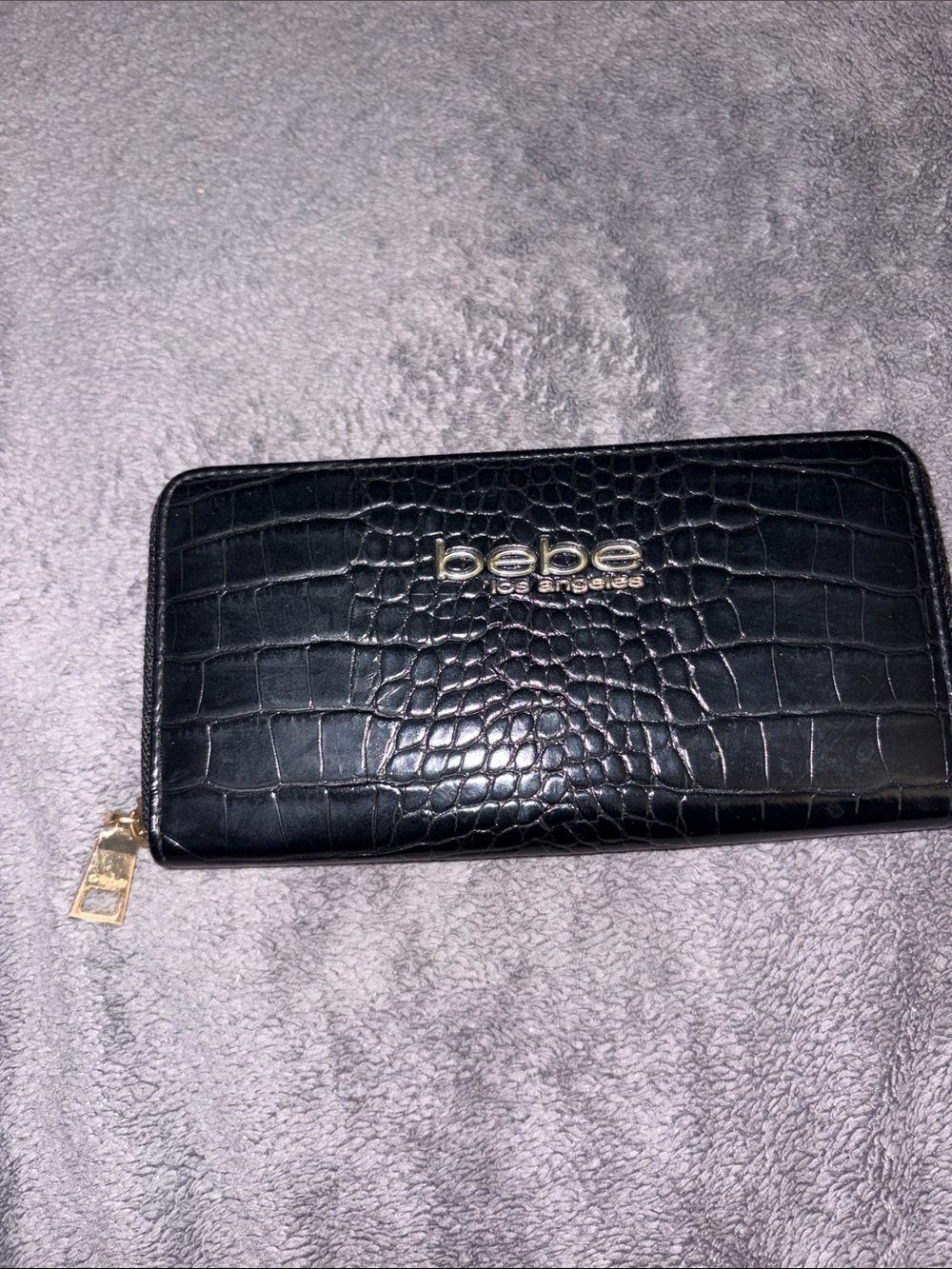 bebe Black Croc-Embossed Zip Around Wallet with Gold Hardware